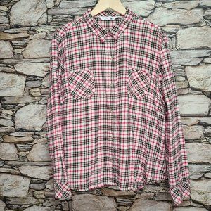 Riders by Lee Womens Button Down Top Sz XXL Pink Gray Plaid Long Sleeves Pockets